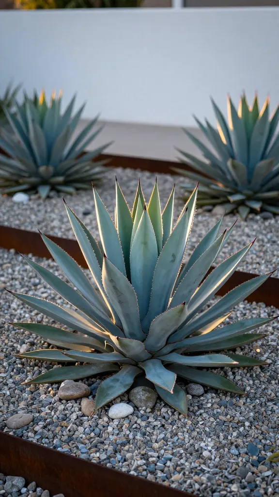 Golden-hour close-up of Agave ‘Blue Glow’ as the central focal point in a modern gravel garden, showcasing tight, symmetrical icy blue rosettes with razor-thin red margins and a faint yellow line that visibly glow with backlit sunset light; plant set in decomposed granite with scattered smooth river stones, flanked by two smaller matching agaves to suggest a trio composition, with minimalist raised corten steel edging and a white stucco wall softly blurred in the background; warm rim lighting accentuating leaf geometry and subtle leaf imprints, shallow depth of field, ultra-realistic texture and color accuracy, high dynamic range, 50mm lens look, cinematic natural light, no people, no text.