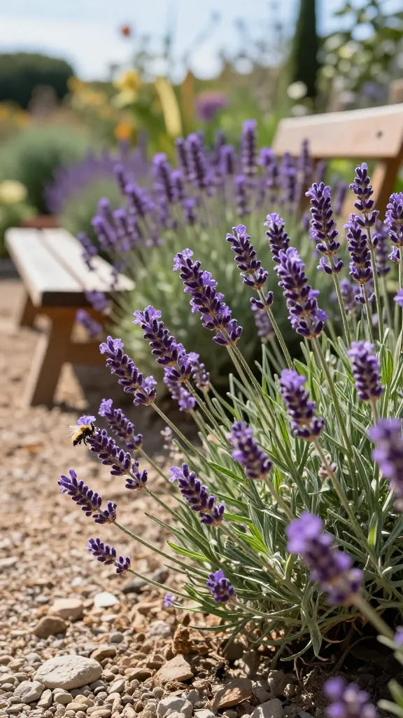 Ultra-realistic close-up garden photo of Lavender ‘Hidcote’ in peak bloom: compact mounds of densely packed, deep purple flower spikes with silvery-green narrow foliage, glowing in warm late-afternoon sunlight. The plants line a rustic gravel path beside a simple wooden bench, suggesting a seating area. Background shows airy, open space for good airflow, with dry, well-drained, slightly rocky soil and no mulch. A few honeybees and bumblebees actively foraging on the blooms. The scene conveys a hot, dry climate with clear blue sky bokeh, crisp detail on petals and stems, soft shadows, natural colors, shallow depth of field, high-resolution, realistic photography.