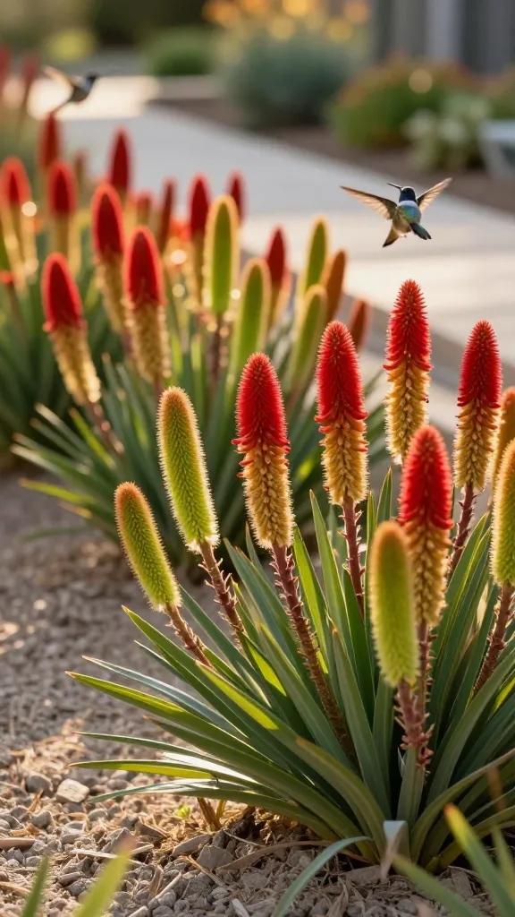 Ultra-realistic botanical photo of Kangaroo Paw (Anigozanthos) in full sun, captured at golden hour. Focus on a dense swath of fuzzy, tubular blooms in fiery reds, golds, and lime green, with velvety texture and fine hairs clearly visible on the flower tubes and stems. Scene shows sharp, sandy-gravel drainage with light mulch, modern mixed border design in the background for a curated “designer” look. Include a shallow depth of field with a few perched hummingbirds mid-sip to convey pollinator appeal. Crisp, high-resolution detail on the inflorescences and strappy green foliage; warm, natural lighting with soft bokeh; no text, no people, outdoor garden setting. 85mm lens, f/2.8, ISO 200.