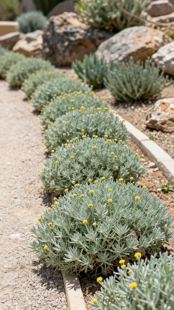 Realistic close-up landscape photo of Santolina chamaecyparissus (lavender cotton) forming low, tidy, silvery-green mounds along a sunlit gravel pathway in a Mediterranean-style garden; small button-like yellow blooms dot the cushions, creating soft contrast against the fine, aromatic foliage. The plants are lightly clipped into rounded balls, lining the path as a low hedge and continuing into a rock garden with natural boulders and drought-tolerant companions like gray-green thyme and low sedums in the background. Harsh midday sun with crisp shadows, dry sandy soil with pea gravel mulch, minimal irrigation, warm neutral stone edging, muted terracotta tones. Shallow depth of field emphasizing texture of the silvery foliage and yellow flower buttons, high-resolution, ultra-realistic, natural color grading, no people, no text.