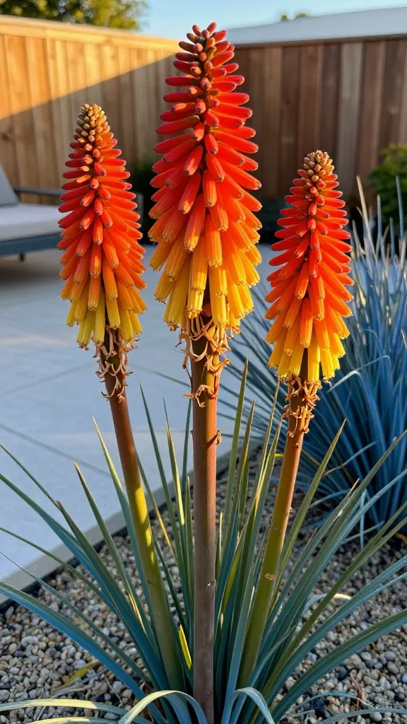 Golden-hour close-up of a mature Red Hot Poker (Kniphofia) clump in full bloom, showing multiple torch-like flower spikes in sunset shades of fiery red, orange, and warm yellow rising above narrow, arching, blue-green grassy foliage. Place the plant in a well-drained gravel bed beside a sunlit modern patio with a low wooden fence in the background for vertical punctuation. Include contrasting blue-gray companion foliage nearby (such as lavender and blue fescue) to emphasize color contrast. Capture heat-shimmer ambiance and crisp, realistic detail: natural lighting, shallow depth of field with the foremost spikes in sharp focus and a softly blurred patio and fence line beyond. High-resolution, lifelike textures on the flower spikes and leaves, no people, no text.