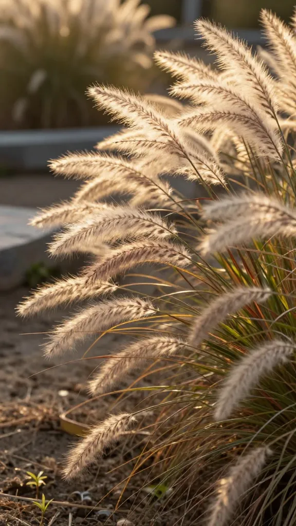 Golden-hour close-up of a drift of Mexican Feather Grass (Nassella tenuissima) swaying in a light breeze, feathery plumes catching warm, low sunlight for a soft, shimmering, cinematic look. The scene shows a naturalistic, low-water garden with lean, dry, sandy soil and a few blurred stone edging elements in the background to emphasize how the grass softens hard lines. Depth of field is shallow, focusing on the silky seedheads and fine, threadlike blades; background softly bokeh-blurred. Subtle movement captured in wispy plumes, no flowers, no irrigation, and a few tiny, out-of-focus volunteer seedlings at the edges hinting at self-seeding. Realistic, high-resolution photography, 85mm lens, f/2.8, warm color temperature, backlit rim-light glow, crisp detail on textures, no text.