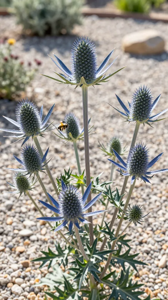 Ultra-realistic close-up photo of Sea Holly (Eryngium) in full bloom: metallic blue, cone-shaped flower heads surrounded by spiky, silvery-blue bracts that shimmer like they’re dusted with stardust, set in a bright, sunlit gravel bed with sharp drainage. Capture multiple stems at varying heights to show architectural structure, with a few honeybees actively foraging on the blooms. Background is a softly blurred xeriscape garden with pale gravel, scattered stones, and a few muted, drought-tolerant companions out of focus. Morning golden light, crisp details of the spines and cone texture, natural color grading, shallow depth of field, professional macro-lens realism, no text.