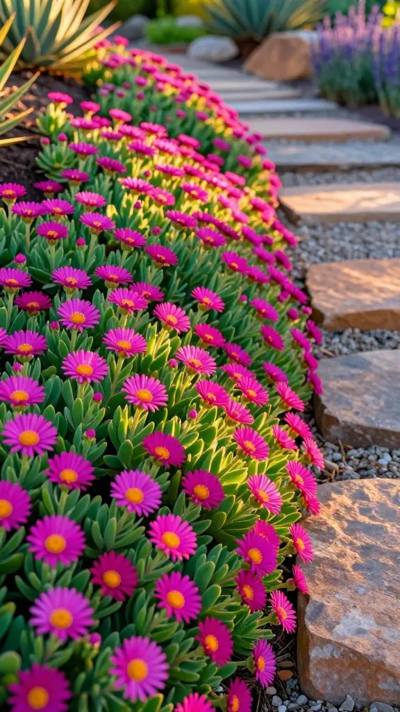 Ultra-realistic close-up landscape photo of a vibrant Hardy Ice Plant (Delosperma) groundcover in full bloom, forming dense succulent mats with fleshy, emerald-green foliage and a carpet of neon magenta and yellow-centered daisy-like flowers. Scene shows the plant spilling gracefully over the front edge of a sunny garden border, weaving between natural stone stepping stones, and cascading softly down a gentle, sunlit slope to suggest erosion control. Early morning golden light with crisp shadows enhances petal luminosity and leaf texture; shallow depth of field keeps foreground flowers tack-sharp while the path and slope fade softly. Background hints of xeriscape elements: gravel mulch, warm-toned stones, and a few drought-tolerant companions (agave, lavender) out of focus. No people, no text, natural color grading, high-resolution macro detail on petals and succulent leaves, realistic garden setting.