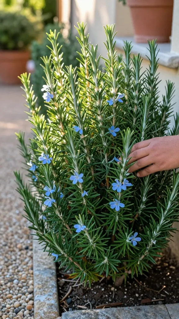 Close-up, high-resolution photo of an upright ‘Arp’ rosemary hedge along a sunny garden path, showcasing needle-like blue-green foliage and pale blue flowers, with sunlight highlighting the textured leaves and silvery stems; a hand gently brushing the hedge to suggest releasing aromatic oils; Mediterranean-style setting with gravel mulch and fast-draining soil, terracotta pots and stone edging in the background; warm late-afternoon light, shallow depth of field to keep the rosemary crisp and the path softly blurred; natural color grading, hyper-real detail, no text.