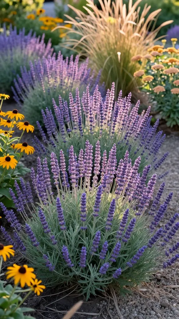 Realistic high-resolution garden photo at golden hour featuring a lush drift of Russian sage (Perovskia atriplicifolia) in full bloom: tall, airy wands of lavender-blue flowers forming a hazy, cloudlike veil over a sunny border. The Russian sage is planted in generous groups for impact, with silvery-green, finely divided foliage and open, see-through structure. Surrounding companions include bright golden rudbeckia with dark centers, soft-tan ornamental grasses with feathery plumes, and clusters of yarrow in muted peach and soft yellow, all set in a dry, well-drained, gravel-mulched bed. The scene conveys heat-tolerant, low-water design with a subtle breeze moving flower spikes, warm backlighting that highlights the purple haze, shallow depth of field, naturalistic composition, no people, no text, ultra-detailed, true-to-life colors.