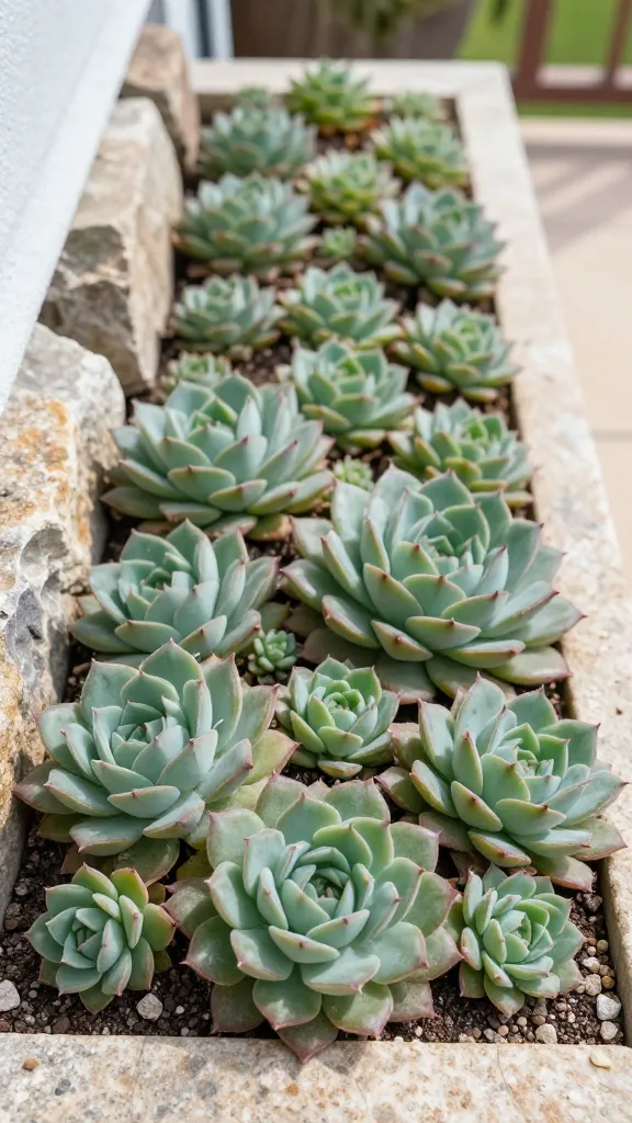 Ultra-realistic close-up photo of a thriving cluster of Hens and Chicks (Sempervivum) rosettes forming a living mosaic in a shallow stone trough planter on a sunny porch step. The foreground shows tightly packed, low, sculptural rosettes in varied sizes, with crisp geometric leaf patterns and subtle color gradients from soft sage-green to burgundy-tipped edges. Tiny offsets (chicks) radiate from larger mother rosettes, nestled in gritty, well-drained soil with small gravel top-dress. Background features complementary rock crevices and a vertical pocket planter with additional sempervivum, softly blurred to emphasize depth. Bright natural daylight with gentle shadows, warm tones highlighting leaf texture and a faint waxy sheen. No flowers, just pristine drought-tolerant foliage; clean, minimalist hardscape showcasing low-maintenance charm. Shot on a full-frame DSLR, 50mm lens, shallow depth of field, high detail and sharpness.