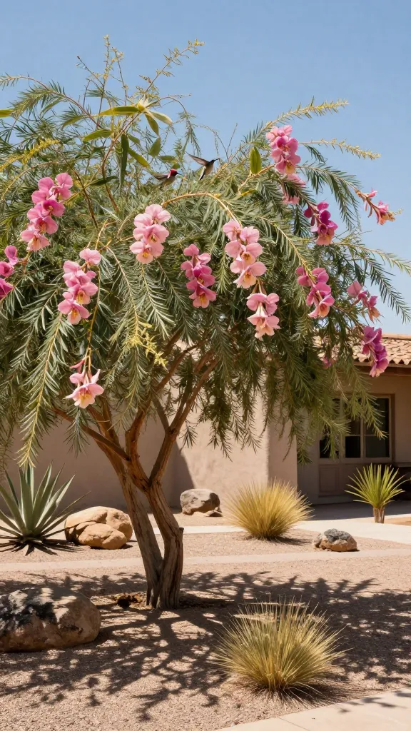 Realistic high-resolution photo of a mature Desert Willow (Chilopsis linearis) used as a focal tree in a xeric front yard, midday golden light. The small, airy tree displays arching, willowy branches with narrow, linear leaves and abundant orchid-like trumpet blooms in soft pink to magenta with yellow-streaked throats. A pair of hovering hummingbirds tussle near the blossoms. The tree casts dappled shade over gravel mulch with scattered desert-friendly accents: smooth boulders, agave and yucca rosettes, and low clumps of drought-tolerant grasses. Background shows a Southwestern-style stucco home with a low wall, warm neutral tones, and a clear blue sky suggesting heat and arid climate. Emphasize natural textures, crisp botanical detail, realistic lighting and shadows, and a sense of resilience in alkaline, low-water conditions—no irrigation visible, clean composition, photo-real style.