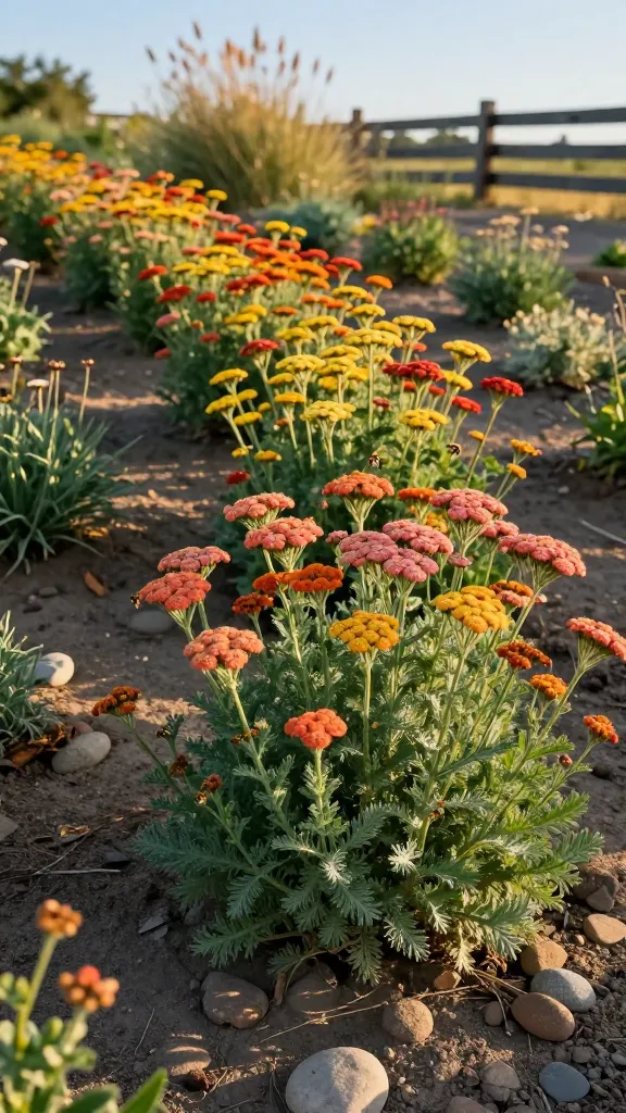 Ultra-realistic garden photo at golden hour featuring a sweeping mass planting of Yarrow (Achillea millefolium) in full sun, forming bold color blocks across a gently undulating, low-water landscape. Flat-topped flower clusters in rich sunset tones—soft apricot, coral, warm yellow, and muted rose—stand atop slender stems, while dense, ferny, silver-green foliage forms a fresh-looking base. The setting is a drought-tolerant, average-to-poor soil bed with sandy, lightly mulched ground and scattered smooth river stones. A few spent flower heads subtly indicate deadheading in progress, with fresh blooms repeating across the scene. Include gentle movement from a light breeze, honeybees and small butterflies actively visiting the blossoms, and long, soft shadows. Background shows blurred native grasses and a rustic split-rail fence under a clear blue sky. High-resolution, natural color, shallow depth of field, crisp detail on yarrow umbels and foliage texture, no text.