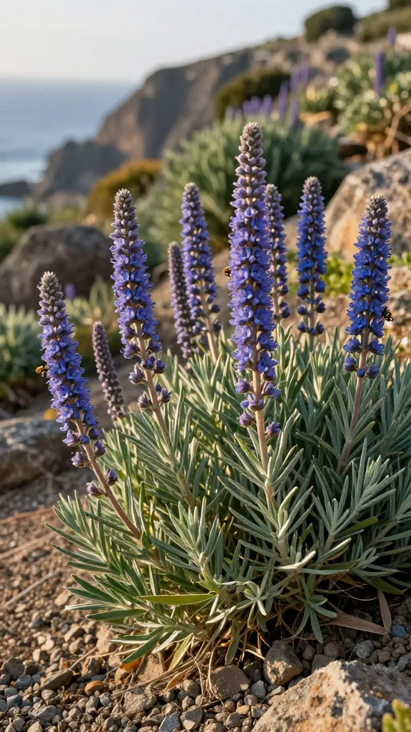 Ultra-realistic, high-resolution photo of a mature Pride of Madeira (Echium candicans) in peak bloom on a sunlit coastal Mediterranean hillside garden: towering blue-purple flower spires rising above dense, silvery-green, lance-shaped foliage; multiple plants forming a statement shrub mass along a dry, terraced slope with gravelly, very well-drained soil and scattered boulders; bees visibly foraging around the flower spikes; warm golden-hour light with soft shadows, crisp details of the tiny tubular florets, subtle salt-kissed air and distant blurred ocean and cliffs in the background; no frost damage, healthy and vibrant, naturalistic composition, shallow depth of field, Nikon D850, 85mm, f/2.8, hyper-real color and texture, no text.
