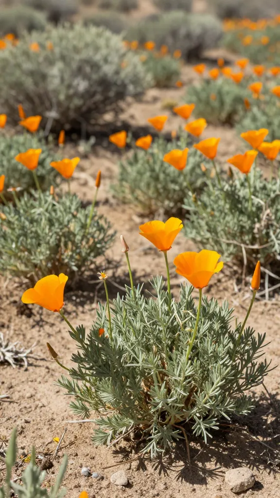 Golden California poppies (Eschscholzia californica) in full sun, their silky orange, cup-shaped blooms open wide against a backdrop of silvery-green, finely divided foliage, forming a naturalistic, low-water meadow between spaced native shrubs. The scene is late spring midday with warm, golden light and soft shadows; a few unopened buds and seed pods hint at self-seeding. Ground is bare, lightly raked sandy soil with small pebbles, dry and unfertilized, showing drought-tolerant conditions. Composition is a realistic, high-resolution close-to-mid shot at ground level, shallow depth of field highlighting several pristine blossoms in the foreground with a softly blurred expanse of poppies and muted shrubs behind. No irrigation equipment, no mulch—just sunlit, effortless, curated-wild look, true-to-life colors and fine detail on petals and foliage.