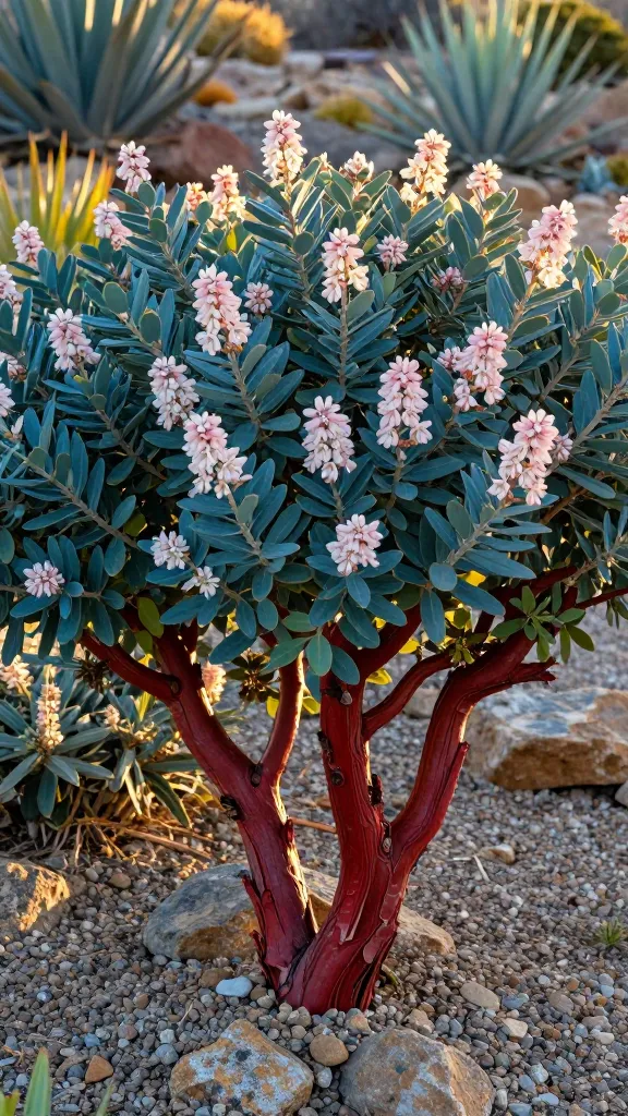 Golden-hour close-up of a mature Manzanita (Arctostaphylos) shrub forming the evergreen backbone of a xeriscape garden, showcasing twisting smooth mahogany-red bark peeling in ribbons, dense blue-green oval leaves with a matte finish, and clusters of delicate, pale pink to white urn-shaped flowers blooming in late winter; set on a gently sloped, well-drained, rocky gravel bed with boulders and drought-tolerant companions blurred in the background (agaves, sedums); full sun with warm directional light highlighting bark texture and leaf color; shallow depth of field, realistic botanical detail, no irrigation lines, no mulch other than gravel; compact, multi-stem form appropriate for small spaces; high-resolution, natural color grading, photo-realistic garden photography.