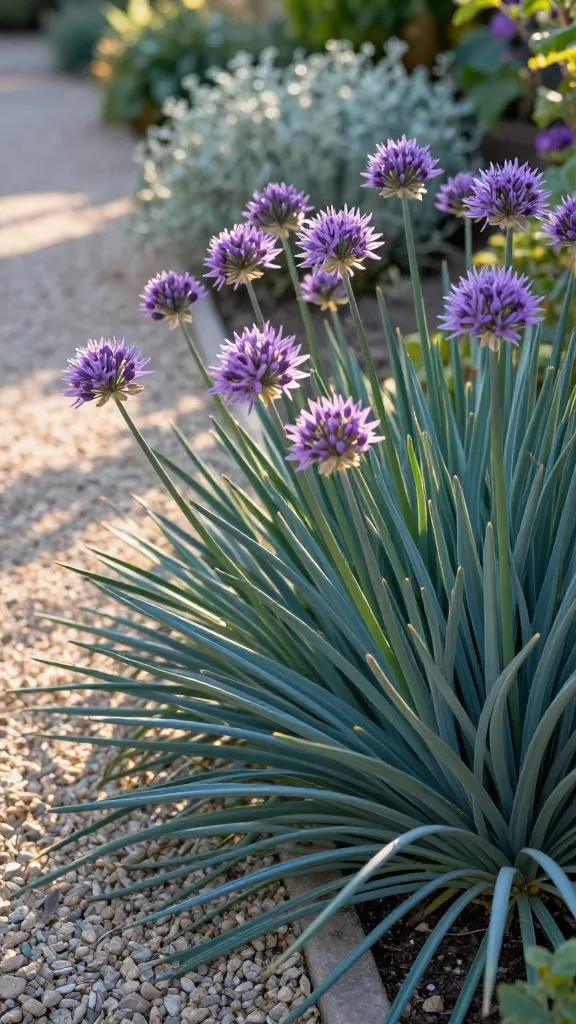 Close-up, realistic high-resolution photo of Society Garlic (Tulbaghia violacea) in bloom along a sunlit garden path in late summer: airy clusters of star-shaped purple-lilac flowers on slender stems rising above dense clumps of narrow, arching, blue-green strappy leaves. The scene shows multiple mature clumps edging a gravel path with warm, dappled sunlight, casting soft shadows. Background includes a softly blurred, drought-tolerant border with muted Mediterranean tones (silvery foliage, decomposed granite mulch) to emphasize low-water landscaping. Subtle golden-hour lighting enhances petal translucence and leaf texture, with a gentle breeze implied by slight stem tilt. Natural, pest-free look; no labels or text; hyper-detailed botanical realism. Camera: full-frame DSLR, 85mm lens, f/2.8, shallow depth of field, true-to-life colors.