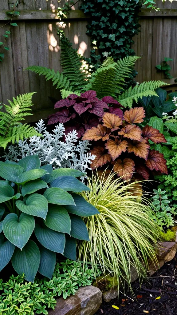 A lush, shaded backyard corner transformed into a dramatic shade garden that showcases foliage contrasts as the main subject: dappled light filtering through overhead trees illuminates layered plantings with no flowers, just striking leaves. In the foreground, broad, glossy hosta leaves in deep green and blue-green sit beside chartreuse Japanese forest grass (Hakonechloa) cascading like a soft waterfall. Mid-layer features heuchera mounds with ruffled leaves in burgundy and caramel tones, interspersed with silver-veined brunnera. Fine, airy fern fronds arch between the bold textures, adding delicate movement. Groundcovers of variegated lamium and mossy patches weave around natural stone edging and a dark mulch base, creating crisp definition between textures. Subtle moisture on leaves adds a fresh, realistic sheen. Background shows a weathered cedar fence softened by climbing ivy and a few strategically placed shade-tolerant shrubs. Shot at eye level with a shallow depth of field, high-resolution natural light photography, rich color accuracy, and crisp detail in leaf veins and edges; no people, no text, ultra-realistic garden photography.