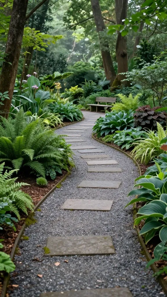 A realistic, high-resolution photo of a shaded woodland garden featuring a gently curving path as the focal point. The path is composed of crushed gravel and decomposed granite for natural drainage, interspersed with irregular stepping stones softly set into the surface. Delicate patches of moss peek between stones and along the path edges. Flanking the path are lush shade-loving plantings—ferns, hostas, heucheras, and native woodland groundcovers—creating layered, textural greenery under tall, mature trees that filter dappled light. The scene includes subtle wood-chip sections along the margins for a soft, forest-floor vibe. Midway along the curve, a simple, weathered wooden bench sits in a small clearing, inviting a pause. The composition emphasizes depth and a meandering flow, with soft, cool-toned morning light, slightly misty air, and a natural, tranquil atmosphere. Ultra-realistic detail, shallow depth of field foreground plants, 50mm lens look, no people, no text.