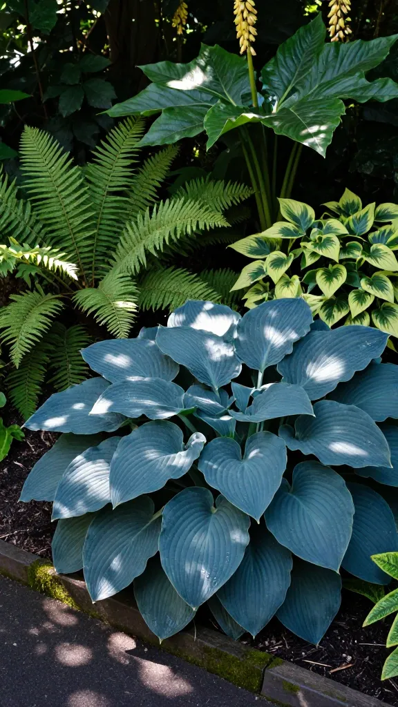Realistic high-resolution garden photo of a shaded corner transformed by bold foliage anchors as the main subject: a massive, sculptural blue-green hosta dominates the scene with oversized, corrugated leaves catching dappled light and deep shadow. Surround it with complementary bold foliage plants for scale and texture—bronzy, palmate Rodgersia to the left, a clump of chartreuse hosta and a few variegated hostas behind for contrast, and a stand of Ligularia with huge, glossy leaves and tall late-summer yellow flower spikes rising subtly in the background. Include a single Gunnera crown at the rear edge if climate-appropriate, its enormous umbrella leaves partially backlit. Set in a cool, north-facing corner bordered by dark, mossy stone edging and rich, moist soil with a light mulch. The light is soft, early morning shade with shafts of filtered sunlight breaking through overhead tree canopy, emphasizing leaf texture, veins, and water droplets. Depth of field moderately shallow to keep the main hosta crisp while softly blurring the background ferns and woodland understory. Natural color palette of deep greens, blue-greens, bronzes, and chartreuse; no flowers competing in the foreground. Photographed at ground level, slightly oblique angle to showcase scale and drama; hyper-real detail, true-to-life textures, no text, no people.