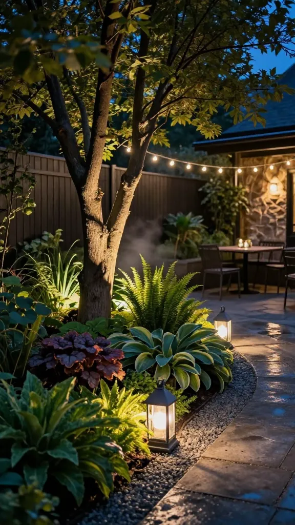 Nighttime shade garden lit like a boutique: a lush, leafy courtyard corner with hostas, ferns, and heuchera under mature trees, photographed at blue hour. Soft, warm low-voltage path lights graze along a curved gravel path, illuminating plant edges without glare. A single sculptural multi-trunk tree is subtly uplighted from the base, casting dramatic shadows on bark and foliage. Delicate string lights are draped overhead between fence posts, and two small metal-and-glass lanterns sit near a bistro set, creating an intimate entertaining zone. Background includes a dark stained wood fence and a textured stone wall for depth; damp flagstone patio subtly reflects warm light. Realistic lighting, high dynamic range, shallow mist for atmosphere, bokeh highlights from string lights, 35mm full-frame, ultra-detailed, natural colors, no people, no text.