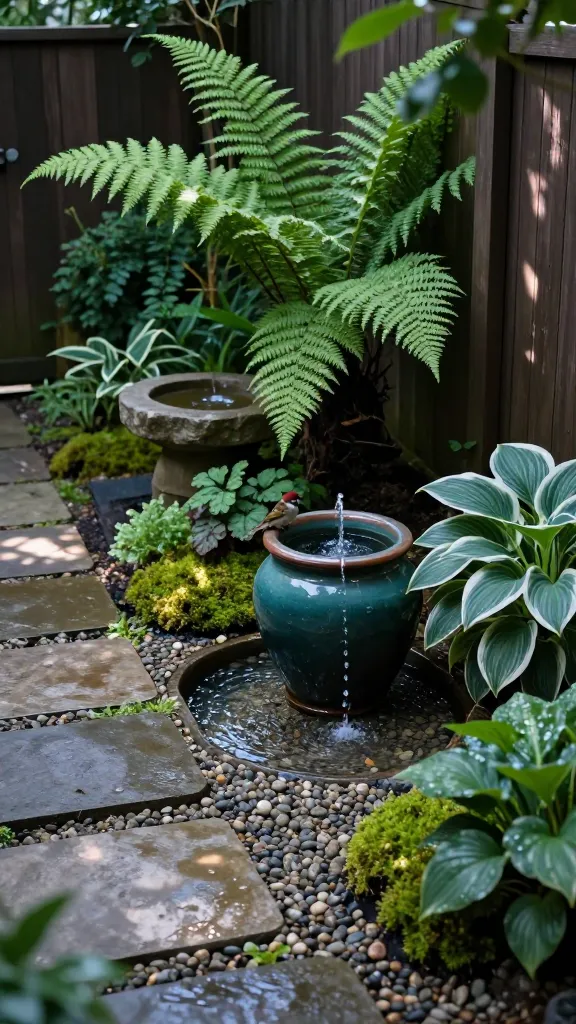 A serene, narrow shade garden corner featuring a small water feature as the calming focal point: a disappearing fountain with a recirculating basin hidden beneath smooth river gravel. A low, glazed ceramic urn in deep teal sits slightly off-center with a gentle bubbler sending soft trickles over its rim into the gravel, no splashes. Lush shade-loving plants surround it—arching ferns, hostas with variegated leaves, mossy groundcover, and a few heuchera for subtle color. A shallow stone birdbath is tucked under fern fronds nearby. Dappled, cool light filters through overhead tree canopy, casting soft shadows; moisture beads on leaves hint at a cool microclimate. Weathered stone pavers define a narrow side-yard path, and a dark wood fence in the background adds depth. A small sparrow perches at the birdbath edge, and a second bird drinks from the urn’s trickle. Natural, muted color palette; realistic high-resolution outdoor photography with shallow depth of field and crisp water detail, early morning light. No text.