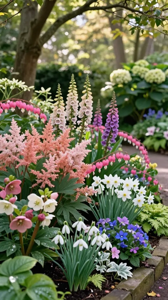 Realistic high-quality photo of a lush, part-shade garden vignette designed to showcase shade-loving blooms across seasons, in a quiet, dappled-light corner beneath mature deciduous trees. Foreground pockets of clustered color: early-season hellebores in dusky pinks and creamy white nodding blooms, interplanted with naturalized spring bulbs (snowdrops and pale narcissus) and speckled pulmonaria with cobalt-blue and pink flowers and silver-mottled leaves. Mid-season swathes of feathery astilbe plumes in soft blush and coral, arching bleeding hearts with pendant pink hearts, and a drift of foxgloves in pastel tones rising through filtered light. Late-season accents tucked deeper: starry toad lilies with purple freckles, elegant Japanese anemones with airy stems and soft white petals, and a panicle hydrangea in part shade with lime-to-ivory cones. Arrange blooms in intentional clusters and layered heights along a natural stone edging and dark, humus-rich mulch to make colors pop. Include glossy evergreen textures (ferns, hosta) for contrast, moisture on leaves for freshness, and a subtle pathway curving through. Soft, luminous bokeh in the background, emphasizing how white flowers glow in low light. Ultra-detailed, natural color grading, shallow depth of field, 50mm lens look, late afternoon dappled shade, photorealistic. No text.