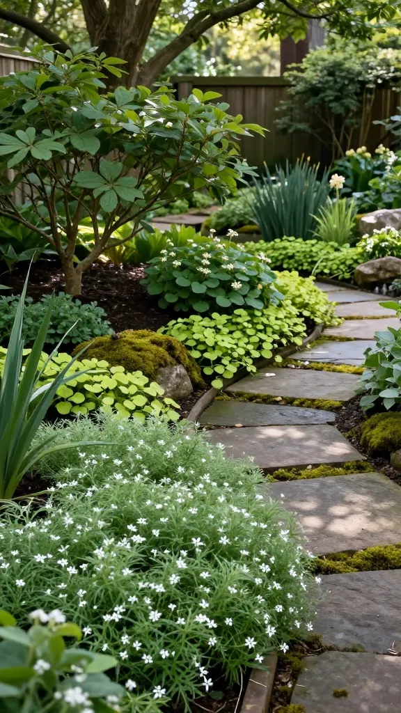 Realistic high-resolution photo of a lush, shaded garden corner transformed into a beautiful space with layered shade-loving groundcovers carpeting the soil. Dappled light filters through mature tree canopies, illuminating a natural flagstone stepping-stone path softened by low, dense planting. In the foreground, a fragrant, airy mat of sweet woodruff forms a feathery green carpet punctuated by tiny white starry flowers. Along the path edges, chartreuse Creeping Jenny trails between stones and spills gently over a low, rustic border (clearly contained with subtle edging). Under a sculptural multi-stem shrub and the dry shade of a large tree, clumps of epimedium with heart-shaped leaves and delicate spring blooms spread neatly. Patches of velvety moss grow where moisture lingers on shaded rocks and between stones, blending naturally. The scene looks cohesive and finished with minimal visible mulch, rich, dark soil glimpsing only where plants meet. Background includes layered shade perennials and ferns, with soft bokeh of a wooden fence. Moody yet inviting color palette, crisp detail of leaf textures, soft morning light, shallow depth of field, no people, ultra-realistic garden photography, 50mm lens perspective.