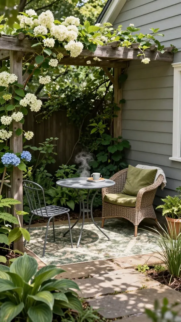 Realistic, high-resolution photo of a shaded garden nook turned into a cozy retreat: a small bistro set with a round metal table and two slim chairs sits on a patterned outdoor rug in muted greens and creams, under the dappled shade of a small tree beside a vine-draped pergola (climbing hydrangea with lace-cap blooms winding up the posts). Add a weatherproof wicker armchair with a mildew-resistant, moss-green cushion and a light throw, plus a compact side table holding a steaming mug and a paperback. Soft, indirect afternoon light filters through leaves, creating gentle shadow patterns. Surround with lush shade plants—hostas, ferns, heuchera, and Japanese forest grass—bordering a stone path that leads to this tucked-away corner near a house wall with soft gray siding. Natural textures (weathered wood, stone pavers, matte metal), subtle earthy palette with pops of hydrangea white and soft blue. Shallow depth of field, slightly elevated eye level, 50mm lens look, ultra-detailed, photorealistic. No people, no text.