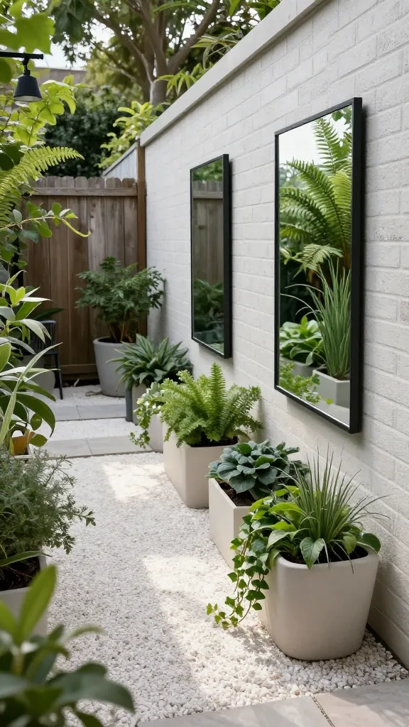 A realistic, high-resolution photo of a shady, narrow side yard transformed into a serene shade garden that uses mirrors and light surfaces to brighten the space. The scene shows a long, enclosed corridor between two fences and a brick wall, dappled with soft, indirect light. On the right wall, two outdoor-safe rectangular mirrors in simple black metal frames are mounted at slight angles, reflecting lush shade plants (ferns, hostas, heuchera, Japanese forest grass) rather than faces or open sky. The ground is covered with pale crushed marble or light gravel pavers that subtly glow and bounce light upward. Large, matte light-colored planters (off-white and pale gray) with clean lines hold layered greenery and a few textural shade-tolerant shrubs; a trailing ivy spills over one planter. A narrow path of light stone stepping pavers runs through the space. No harsh highlights; soft, airy ambiance with realistic reflections. Subtle details: a weathered wooden fence on the left, a black metal downlight sconce, and a small bistro chair tucked at the end. Color palette: cool greens, creamy whites, light gray stone, and black metal accents. Shot in natural overcast daylight, eye-level perspective, sharp focus, photorealistic, ultra-detailed.