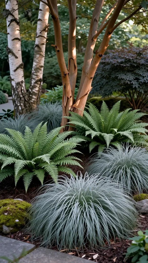 Realistic high-resolution photo of a serene shade garden corner emphasizing texture: a layered planting of feathery ferns (lady fern, autumn fern, and Japanese painted fern) repeated in groups of three, interwoven with drifts of Hakonechloa and soft sedges (carex) creating a gentle, wind-kissed sway. Feature multi-stem paperbark maple with curling cinnamon papery bark and a nearby river birch with peeling buff bark in dappled part shade; include a dark-leaved ninebark for contrast. Ground plane is a rich, mulched bed with mossy stones and a subtle flagstone path edge. Light is cool and filtered through a tree canopy, highlighting glossy and matte leaf textures, silver fern fronds, and bark layers. Color palette is restrained greens, bronzes, and silvers for a calm, elegant mood. Shallow depth of field with crisp foreground textures, soft bokeh background; no people, no labels, naturalistic composition that feels lush and cohesive year-round.