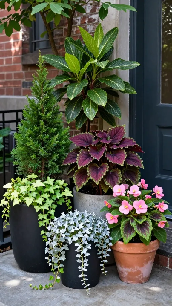 Realistic high-resolution photo of a curated shade-loving container cluster on a small urban patio stoop in dappled shade beneath a leafy tree canopy. Multiple pots in varied sizes and finishes—matte black cylinders, textured concrete planters, and aged terracotta—are grouped closely to create a mini shade oasis. Planting follows a thriller-filler-spiller recipe: a dwarf conifer and glossy-leaved fatsia as tall architectural thrillers; heuchera with deep burgundy ruffled leaves, shade coleus in chartreuse and plum patterns, and soft pink wax begonias as fillers; trailing English ivy, creeping Jenny with chartreuse cascades, and silvery dichondra ‘Silver Falls’ spilling over pot edges. Subtle moisture on leaves suggests a recent watering. Background includes a weathered brick wall and dark-painted door, with soft, cool-toned natural light and gentle shadows. No labels or text, hyper-detailed foliage textures, realistic color rendering, shallow depth of field that keeps the container cluster sharply in focus while the background softly blurs.