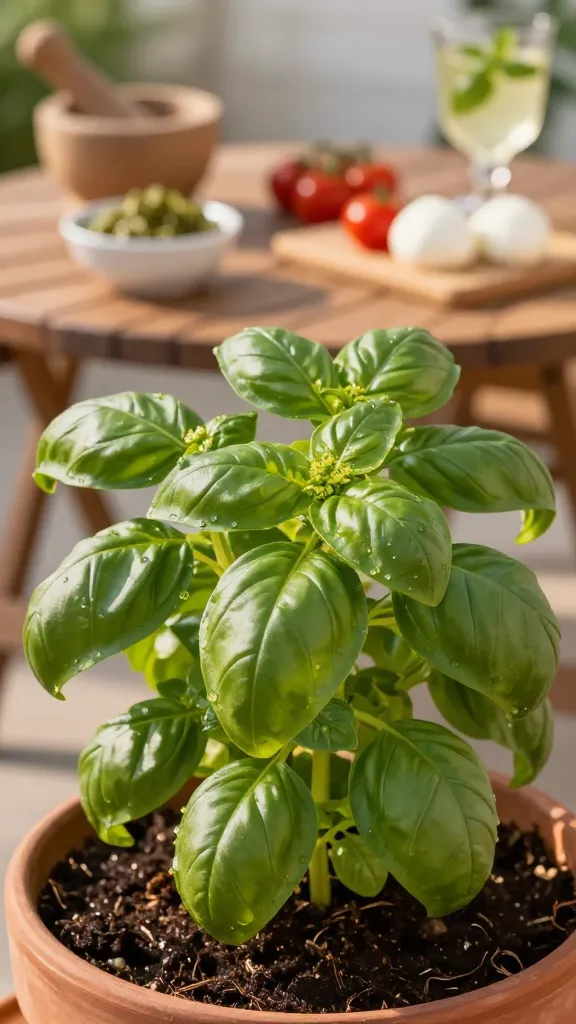 Ultra-realistic close-up photo of a lush basil plant growing in a small beginner herb garden on a sunny patio, captured at golden hour. The basil is vibrant, bushy, and healthy with large glossy green leaves, tiny pinched flower buds visible near the top, and fresh cut stems showing recent top-harvesting. Soft sunlight creates gentle highlights on the leaves, with slight dew and rich, evenly moist soil in a terracotta pot. In the softly blurred background: a rustic wooden table with a mortar and pestle, a small bowl of pesto, ripe cherry tomatoes, fresh mozzarella, and a glass of basil-infused cocktail to hint at culinary use. Shallow depth of field, natural color grading, high detail macro texture on leaves, realistic garden setting, no text.