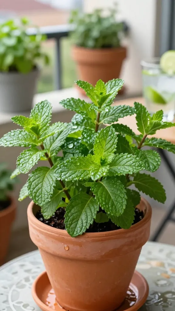 A realistic, high-resolution close-up photo of a thriving mint plant bursting from a terracotta pot on a small patio table after a light misting of water. The leaves are vibrant, deeply textured, and slightly serrated with visible dew droplets, showcasing their fresh green color and crisp veins. Soft, diffused morning light filters through, indicating partial sun/bright shade, with gentle shadows. In the blurred background: a tidy urban balcony garden with other potted herbs, and a subtle hint of a glass with lime wedges and ice to suggest mojito use, without dominating the scene. The pot sits on a saucer with a slight sheen of moisture to imply consistent watering. Natural color palette, shallow depth of field, true-to-life detail, 50mm lens look, no text, hyper-real photographic quality.