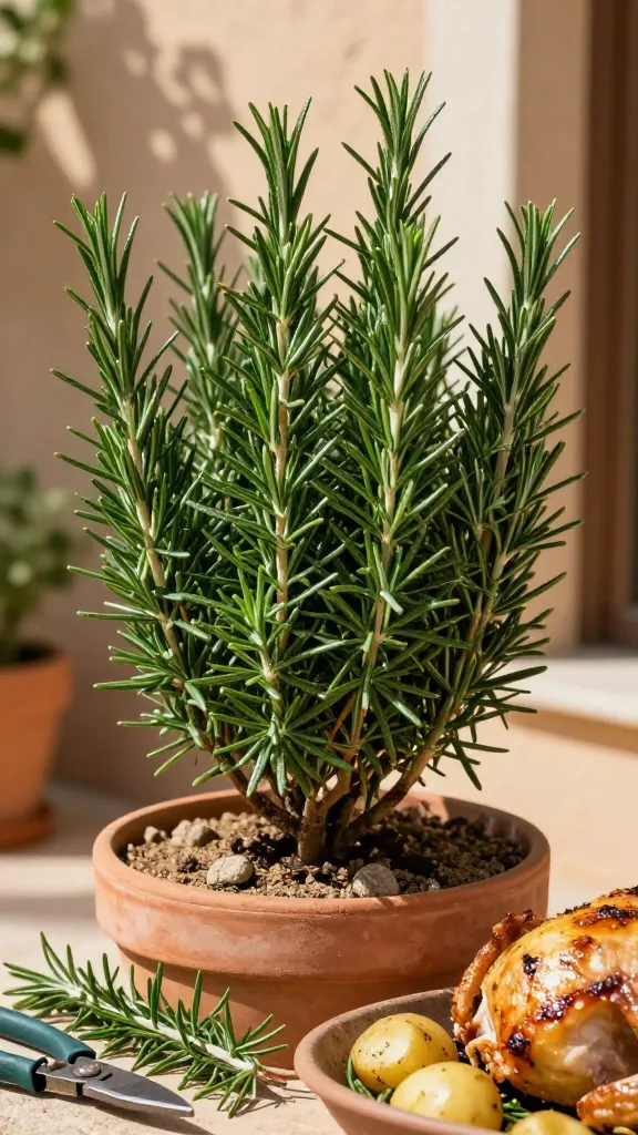 Close-up, high-resolution realistic photo of a mature rosemary plant growing in a sunlit Mediterranean-style container garden. The rosemary is the clear main subject: dense, woody stems with needle-like, deep green leaves glistening in bright full sun. Surrounding context suggests heat and wind tolerance—terracotta pot with excellent drainage, gritty sandy soil visible, a few dry pebbles on the surface, and warm stucco wall softly out of focus in the background. Subtle dappled shadows indicate midday light. In the foreground, a pair of clean pruning shears rests beside a sprig of freshly snipped rosemary, with a rustic tray holding parboiled potatoes and a whole chicken ready to roast, lightly oiled, hinting at culinary use. Slight breeze motion implied by a few leaves angled consistently. Natural color palette, crisp detail on leaf texture and woody branches, shallow depth of field, no text, editorial-style food and garden photography.