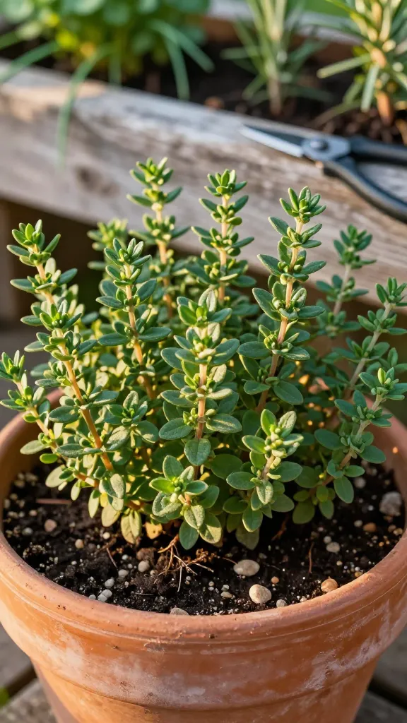 Close-up, realistic high-resolution photo of a thriving thyme plant as the main subject in a sunlit beginner herb garden. Focus on dense mats of tiny, oval, gray-green leaves on woody stems, slightly sprawling over the edge of a rustic terra-cotta pot filled with gritty, well-drained soil (visible pebbles and sand). Golden late-afternoon sunlight creates soft highlights on the foliage, with gentle shadows indicating full sun conditions. Background softly blurred with hints of other common beginner herbs (rosemary, chives) and a weathered wooden potting bench for context. A clean pair of pruning shears rests nearby on the bench, suggesting easy harvest by snipping sprigs. Subtle dusting of soil on the pot rim, slight dryness on the soil surface to imply sparse watering. Color palette natural and warm; macro-level leaf texture and fine hairs visible; shallow depth of field; shot on a full-frame DSLR with a 50mm lens, f/2.8, ISO 200, natural light, no text.