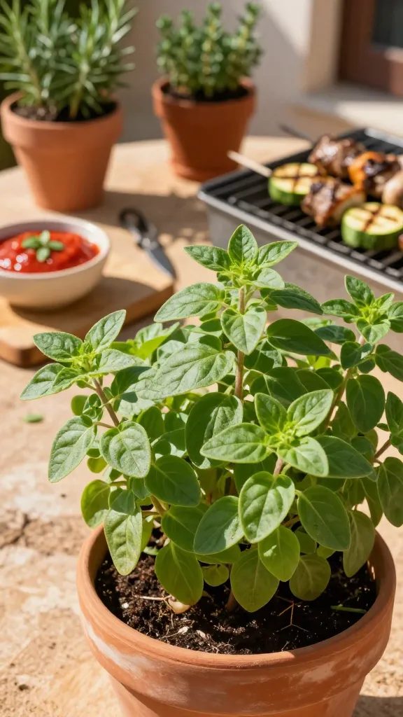 Ultra-realistic close-up photo of a lush oregano plant growing in a terracotta pot on a sunlit Mediterranean-style patio. The oregano is dense and bushy with small, oval, slightly fuzzy green leaves, showing a recent light trim with a few cut stems visible. Strong, warm afternoon sunlight highlights the leaf texture and essential-oil sheen, with crisp shadows suggesting full sun. Surroundings include dry, well-drained potting mix with the surface visibly dry, a subtle background of rosemary and thyme in clay pots, and a rustic wooden cutting board with a small pair of pruning shears and a ceramic bowl of tomato sauce with scattered oregano leaves, plus skewered kebabs and grilled zucchini on a nearby grill grate slightly out of focus. Shallow depth of field focuses on the oregano’s leaf detail; color palette is natural and warm. No text, no labels.