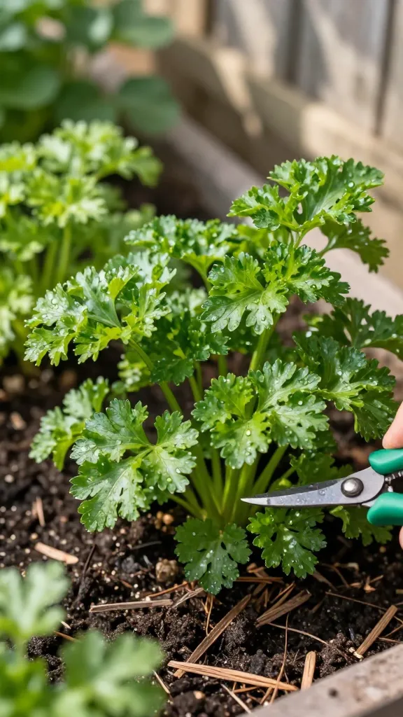 Ultra-realistic close-up photo of lush parsley (both curly and flat-leaf) thriving in a small beginner-friendly herb garden bed. Morning light filters through, creating soft highlights on vibrant green leaves with visible dew. The parsley is planted in rich, dark, evenly moist soil with a thin layer of natural mulch around the base. Surrounding hints of other herbs are softly blurred in the background for depth. A hand is gently harvesting outer stems with small pruning shears, demonstrating proper technique. Subtle part-shade from a nearby fence and dappled sunlight suggests a cool, flexible growing spot. High resolution, natural colors, shallow depth of field, crisp leaf texture, no text.
