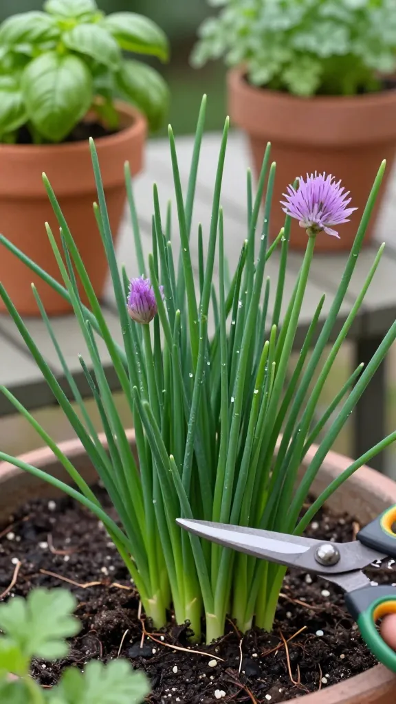 A realistic, high-resolution close-up photo of lush, fresh chives in a small beginner-friendly herb garden, captured in soft morning light. Focus on slender, vibrant green chive leaves being freshly snipped with garden scissors above a dense clump, with a few delicate purple pom-pom chive blossoms in bloom. In the softly blurred background, include hints of other common beginner herbs in terracotta pots (like basil and parsley) on a patio table, with moist, dark soil and a light sheen of dew on the chive blades. Natural color palette, shallow depth of field, true-to-life textures, no labels or text, lifelike realism.