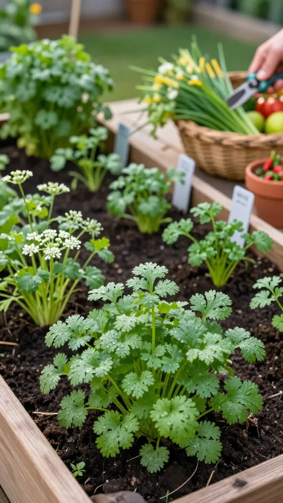 A realistic, high-resolution photo of a thriving beginner herb garden focused on a lush cilantro patch in the foreground, with delicate, lacy green leaves covered in morning dew. Show multiple cilantro plants at different growth stages: fresh young seedlings, mature harvest-ready bunches, and a few plants beginning to bolt with airy white umbels hinting at future coriander seeds. Include clear evidence of succession planting in neat rows or grouped pots, with labeled biodegradable seedling markers (no readable text). Set the scene in a small backyard or patio garden with partial morning sun and soft, cool light, suggesting a mild spring climate. Surround cilantro with a few complementary herbs (parsley, chives) slightly out of focus to keep cilantro as the hero. Add a hand with pruning shears harvesting a generous bunch into a woven basket with limes, chili peppers, and tomatoes nearby to evoke tacos, salsas, and curries. Use shallow depth of field, natural colors, and crisp detail, captured with a 50mm lens at f/2.8, golden-hour lighting, and realistic textures of soil, terracotta pots, and wooden raised beds. No text.