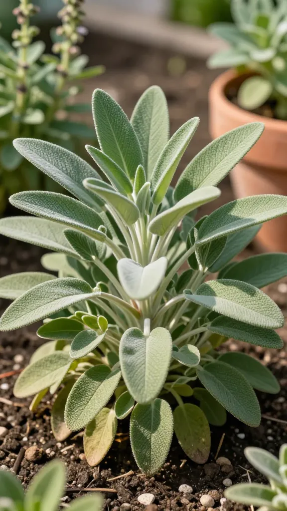 A realistic, high-resolution close-up photo of a thriving sage plant (Salvia officinalis) as the main subject in a sunny herb garden. Focus on the silvery-green, slightly fuzzy, elongated leaves with textured veining, showing a dense, compact mound from recent trimming. The plant sits in a well-drained, gritty soil mix with small pebbles visible on the surface. Warm, late-morning sunlight creates soft highlights on the leaf hairs and gentle shadows, emphasizing the plant’s aromatic, rugged character. In the softly blurred background, hints of other herbs and a terracotta pot suggest a tidy, low-water garden. No flowers dominate, but a few spent flower stems indicate it was recently pruned. Natural color palette, shallow depth of field, crisp detail, realistic lighting, photographic realism.