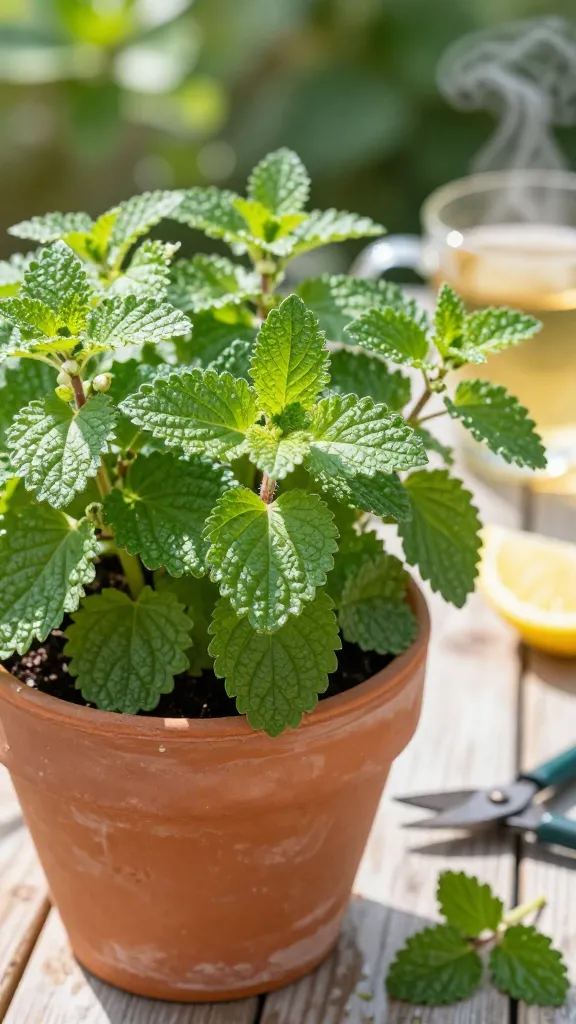 Close-up, high-resolution photo of a thriving lemon balm (Melissa officinalis) plant overflowing from a rustic terracotta container on a sun-dappled patio. The textured, bright to medium green, slightly crinkled, oval leaves with serrated edges fill the frame, showing fine fuzzy veins and natural gloss. Soft morning light filters through partial shade from nearby foliage, creating gentle highlights and bokeh in the background. A small pair of clean garden snips rests beside the pot on a lightly weathered wooden surface, with a few freshly cut sprigs scattered, stems beaded with moisture. Subtle hints of a citrus wedge and a clear glass mug of steaming herbal tea blurred in the background suggest its use, without stealing focus. Moist, well-drained soil is visible at the pot’s rim, and a few tiny white pre-buds indicate snipping to prevent flowering. Natural, true-to-life colors, shallow depth of field, ultra-realistic detail, 50mm lens look.
