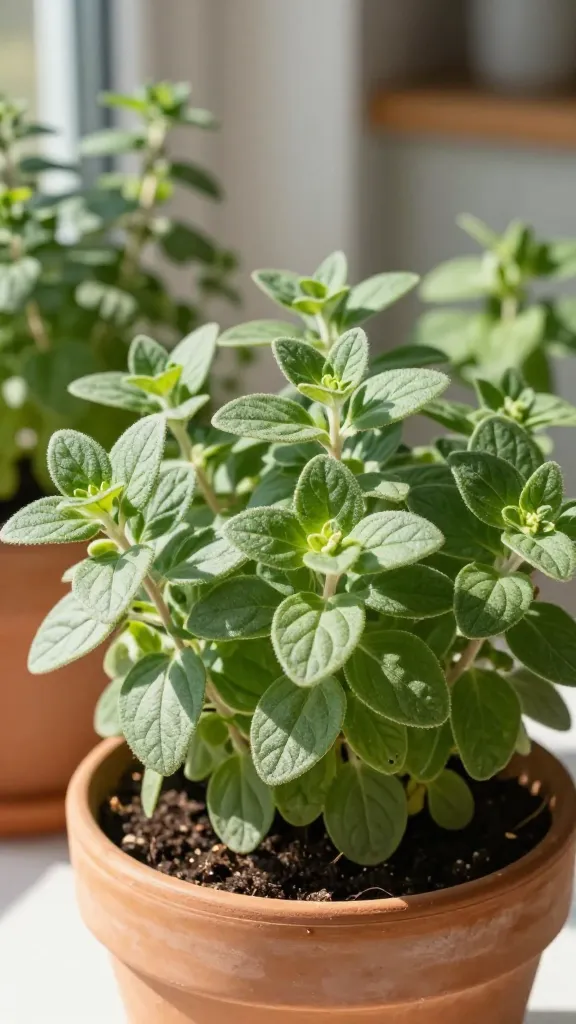 A realistic, high-resolution photo of a lush marjoram plant thriving in a small terracotta container on a sunny windowsill herb garden. The marjoram is the clear main subject: dense, low-growing mounds of delicate, oval, gray-green leaves with soft, slightly fuzzy texture, and fine branching stems. Bright, natural daylight from the side highlights the leaf veining and gentle sheen, with soft shadows suggesting late morning sun. The soil appears well-draining and slightly dry on top. A few tiny, pale buds hint at its floral character. Background shows subtly blurred companion herbs (like oregano and thyme) to contrast marjoram’s softer look, along with a neutral kitchen backdrop for realism. Color palette is natural greens, warm terracotta, and sunlit neutrals. Shot on a 50mm lens, shallow depth of field, crisp detail on the marjoram leaves, no text or labels.