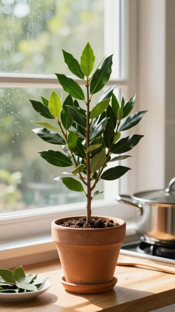 A realistic, high-resolution photo of a mature bay laurel (Laurus nobilis) growing in a terracotta pot on a bright kitchen windowsill. The plant is pruned into a neat, compact oval topiary with glossy, dark green, leathery leaves catching natural morning light. The window shows soft, out-of-focus outdoor greenery, suggesting bright sun to part shade. The pot sits on a clean wooden countertop with a small dish of freshly harvested bay leaves beside a wooden spoon and a simmering stainless-steel pot in the background, hinting at culinary use (soups/stews/risotto). Subtle condensation on the window, faint shadows, and realistic textures (soil surface lightly mulched, terracotta patina). Color palette warm and natural; depth of field shallow, focusing crisply on the bay leaves’ vein detail. No text, no labels.