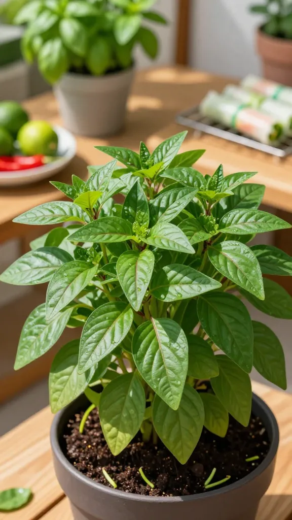 Close-up, realistic, high-resolution photo of a thriving Vietnamese coriander (Persicaria odorata) plant in a container garden on a warm summer patio. The plant is the clear focal point, filling the frame with dense, glossy, elongated lance-shaped green leaves featuring faint burgundy chevron markings along the midrib. Soft, bright natural light suggests morning sun with partial shade from a nearby trellis, and subtle beads of moisture on leaves hint at consistently moist soil. The container is a simple, modern dark ceramic pot with rich, well-drained soil visible at the base; a few fresh pinched tips lie on the soil surface to imply frequent harvesting for branching. Background is softly blurred but hints at a Southeast Asian-inspired kitchen garden: basil and mint in neighboring pots, a bowl with limes and red chilies on a wooden table, and a cooling rack with fresh summer rolls out of focus. Color palette is vibrant and natural—lush greens, warm wood tones, and gentle highlights—captured with a shallow depth of field, natural bokeh, and crisp botanical detail suitable for a gardening magazine. No text.
