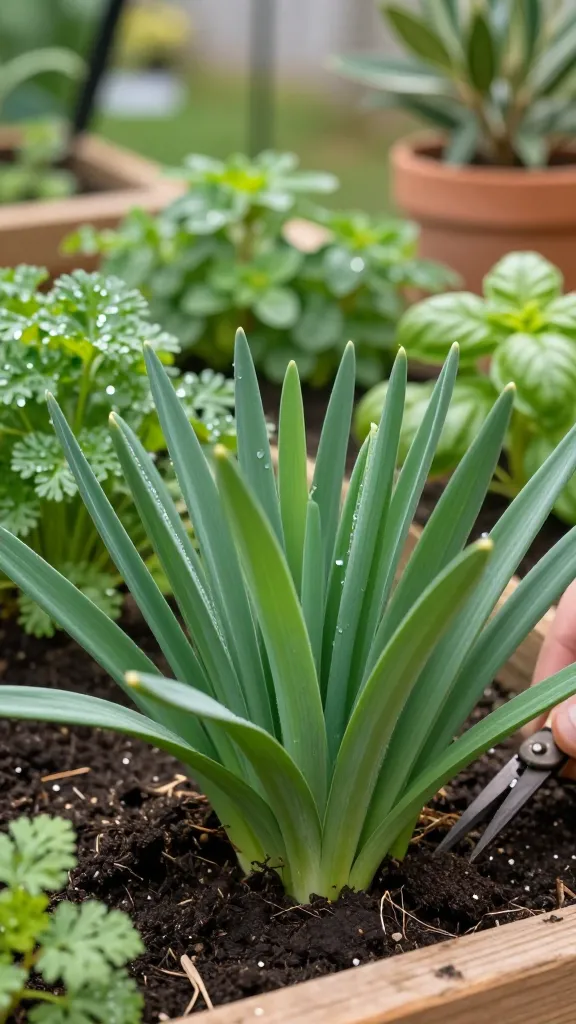 Ultra-realistic close-up photograph of flat-leaf garlic chives (Allium tuberosum) growing vigorously in a well-tended beginner herb garden, captured in soft morning light. The main subject: lush, emerald-green, flat, strap-like leaves rising in dense clumps from rich, dark, moist soil in a raised wooden bed. A subtle hand with pruning shears is visible at the edge, showing low cutting of leaves to illustrate regrowth. Background shows a sun-dappled garden scene with other beginner-friendly herbs (parsley, basil, mint) softly out of focus, with a Mediterranean-style terracotta pot and a hint of a bay laurel shrub blurred in the distance. No flowers or seed heads on the chives (spent scapes removed), emphasizing flavor retention. Dew droplets catch the light on the chive blades; bokeh highlights create a fresh, appetizing feel. Natural color grading, high detail macro texture of leaves, shallow depth of field, 50mm lens, f/2.8, realistic lighting, no text.