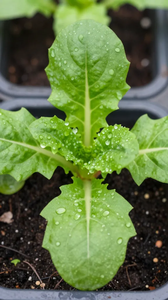 single arugula plant with dewdrops in container garden