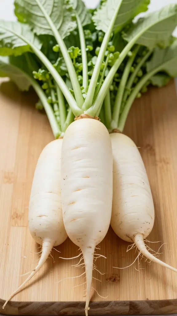 fresh-picked radish with roots on wooden cutting board