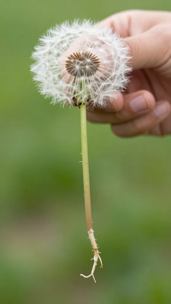 closeup of hand pulling dandelion with intact taproot