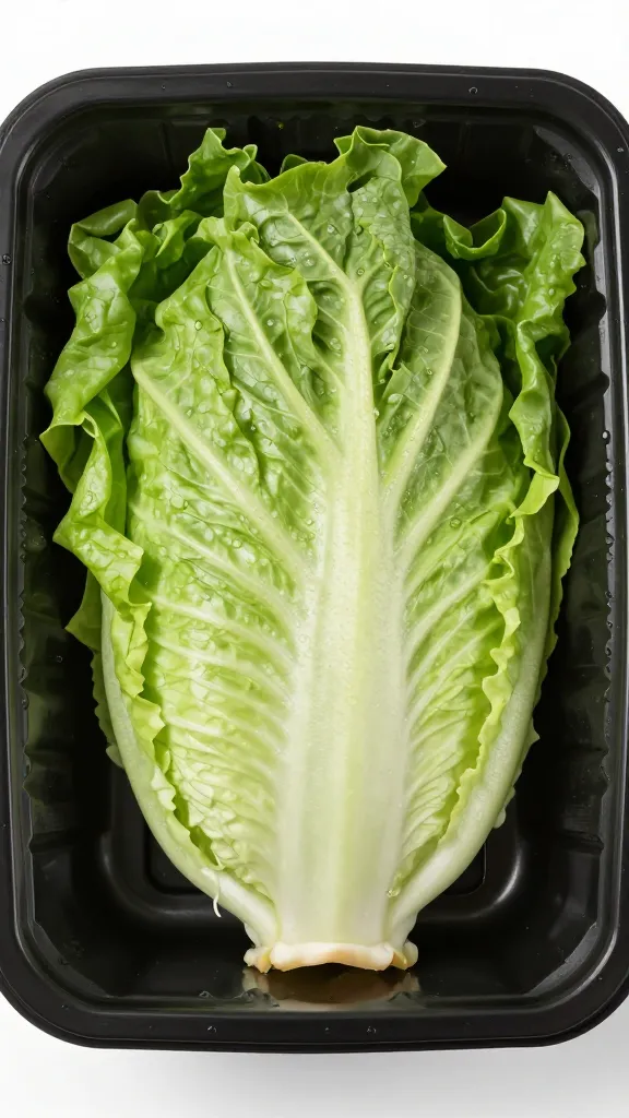 single Little Gem romaine head in black plastic container