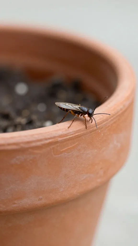 fungus gnat on rim of terracotta pot, macro shot
