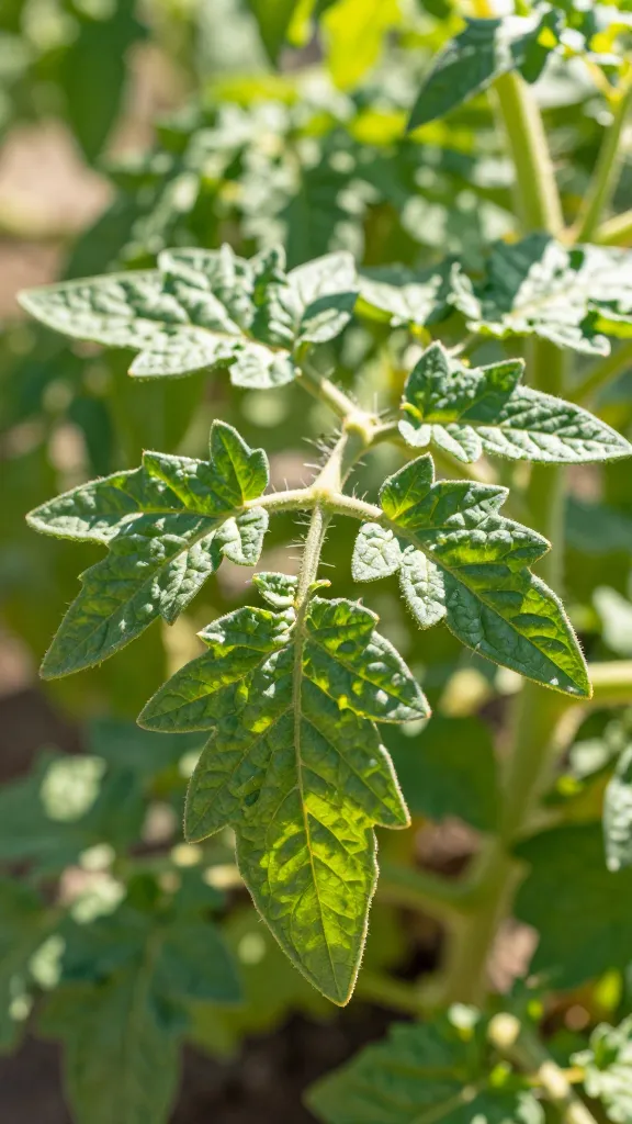 single tomato plant leaf backlit by full midday sun