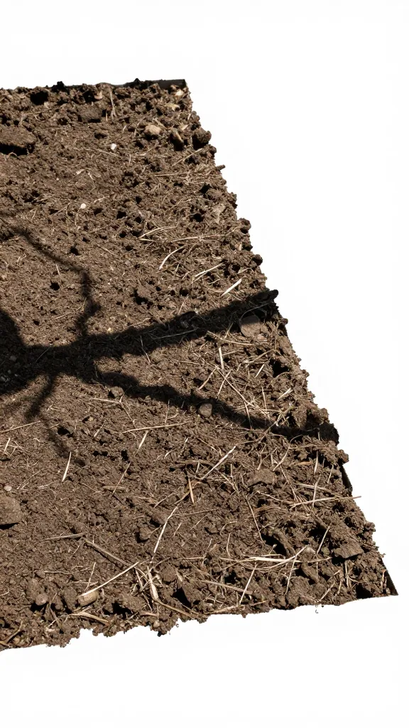 single garden bed soil patch with sharp tree shadow edge