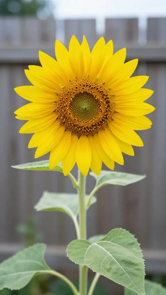 single Lemon Queen sunflower bloom, soft-focus backyard fence